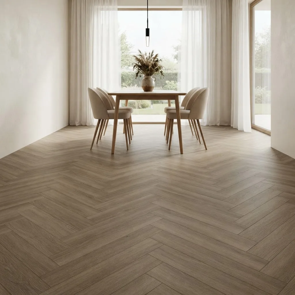 Bright dining area with greige oak-look dryback LVT laid in a herringbone pattern