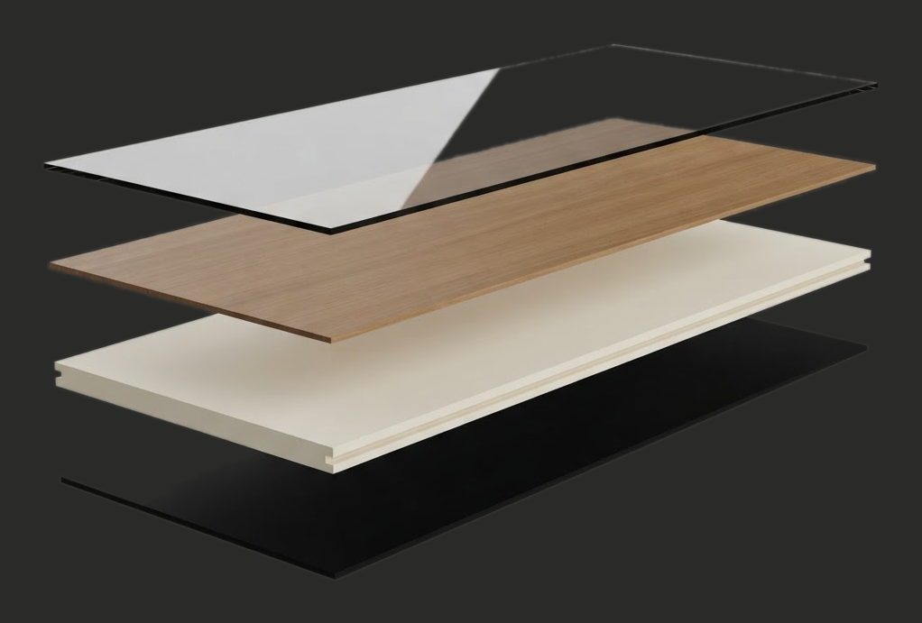 Exploded view of the four layers of an SPC plank: wear layer, decor layer, SPC core and acoustic underlay