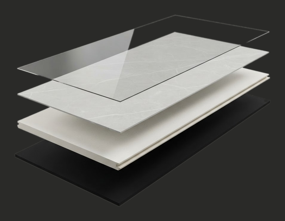 Exploded view of the four layers of an SPC tile: wear layer, decor layer, SPC core and acoustic underlay